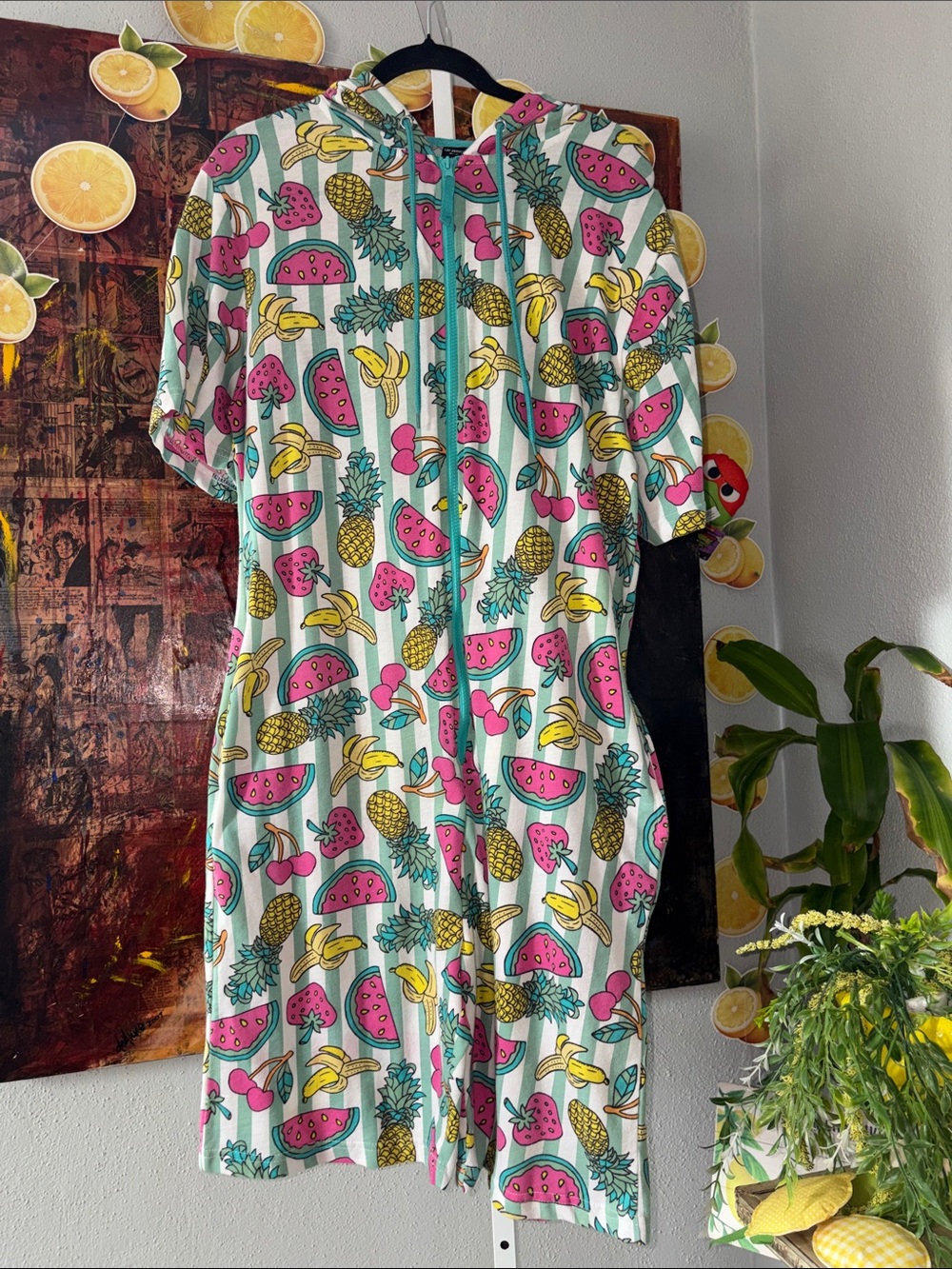 Top Drawer Tropical Fruit Print Zip-Up Romper - Pink, Yellow, Green Size M